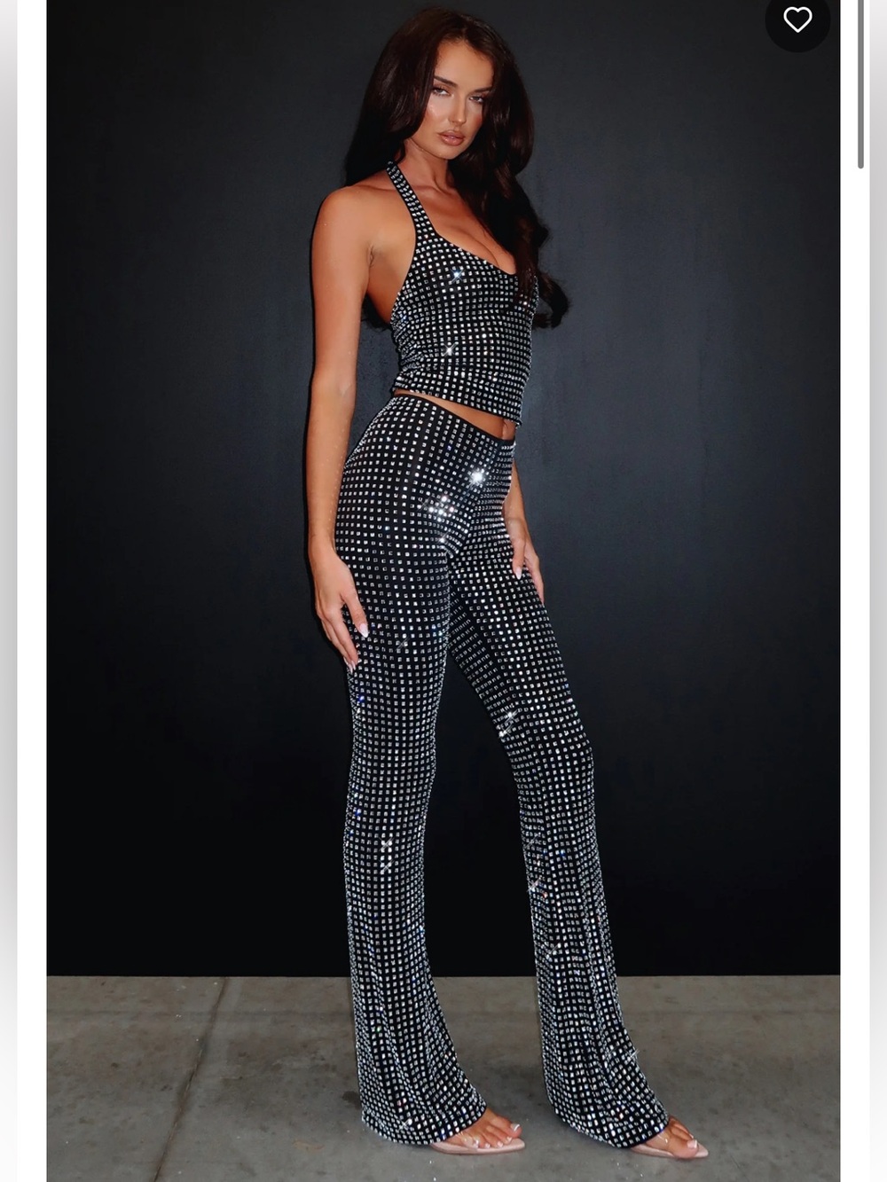 White Fox Boutique Black Rhinestone Halter Crop Top & Flare Pants